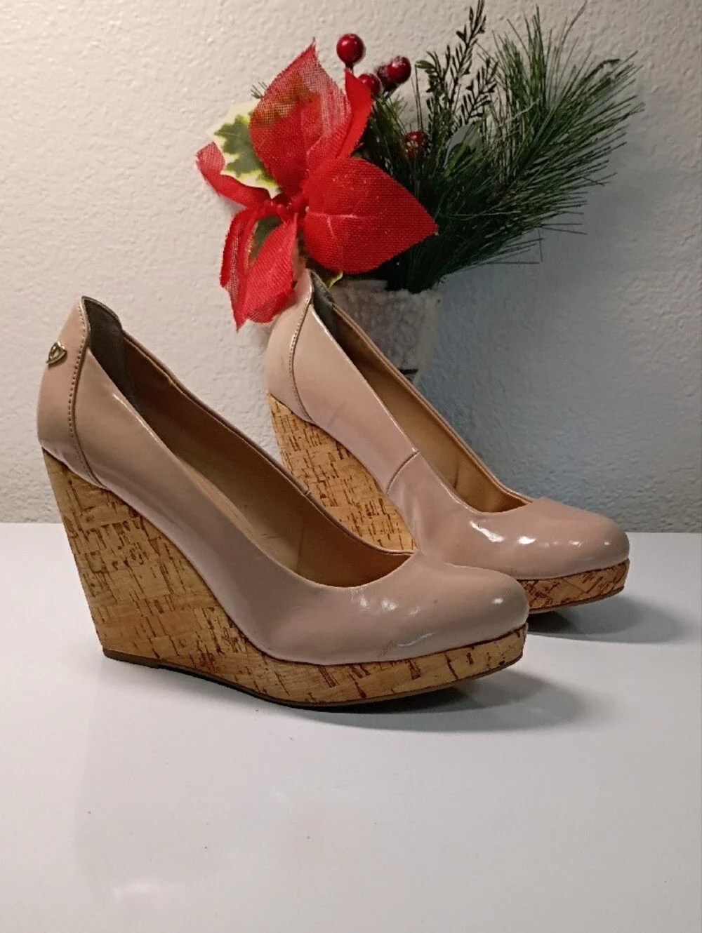 Thalia Sodi Nude Patent Platform Pumps with Cork-Style Sole